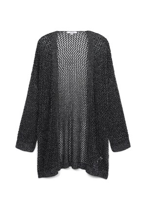 Rozpinany, czarny kardigan dzianinowy z luźnym splotem i długimi rękawami. Subtelne akcenty połysku dodają tekstury. Lekka konstrukcja.