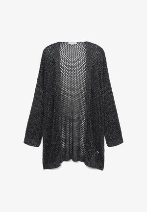 Rozpinany, czarny kardigan dzianinowy z luźnym splotem i długimi rękawami. Subtelne akcenty połysku dodają tekstury. Lekka konstrukcja.