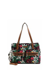 Borsa a spalla in tessuto a motivo floreale multicolore, con due tasche frontali con zip, manici in cuoio marrone e dettagli di cucitura a contrasto.