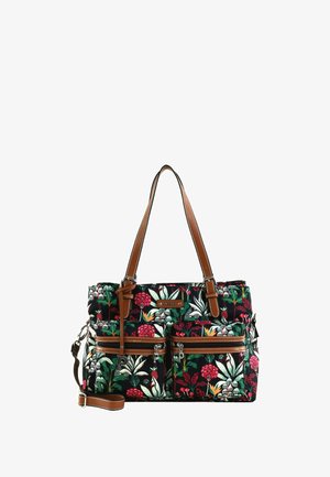 Sac en tissu avec un motif floral multicolore, doté de deux poches zippées à l'avant, de poignées en cuir marron et de détails de surpiqûre contrastants.