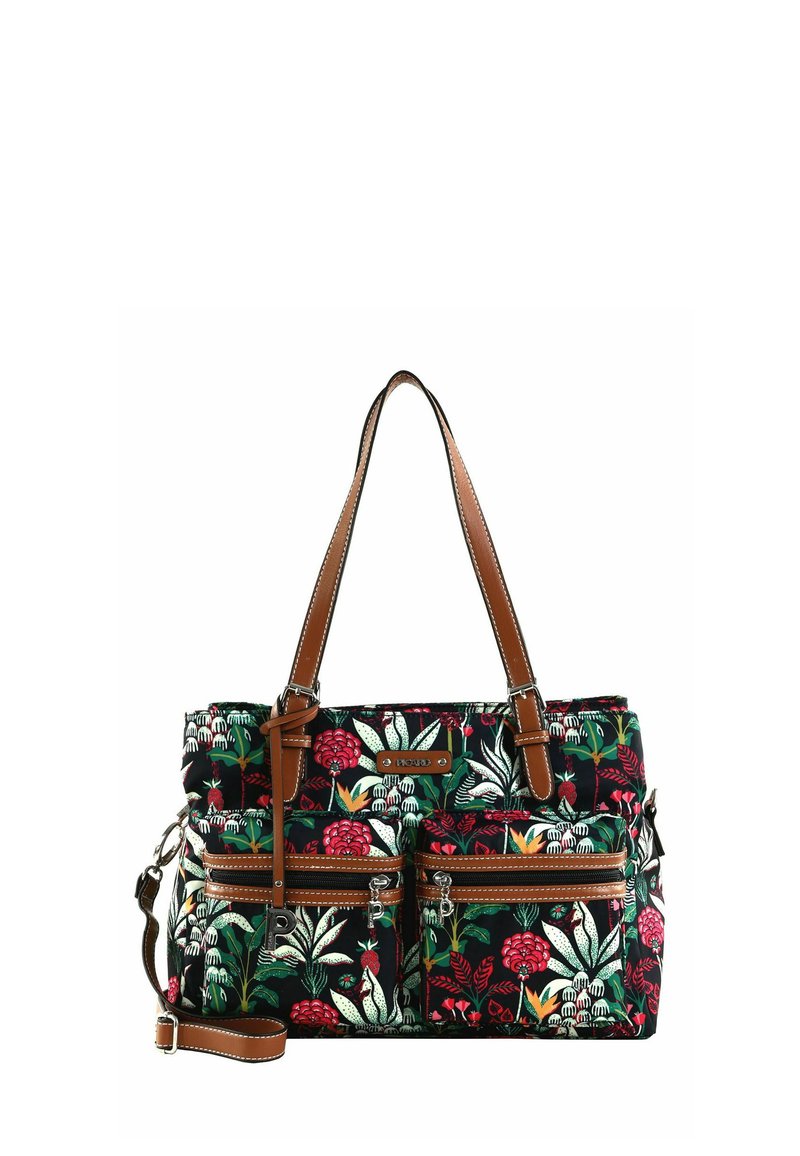 Borsa a spalla in tessuto a motivo floreale multicolore, con due tasche frontali con zip, manici in cuoio marrone e dettagli di cucitura a contrasto.