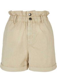 Beige bomullsshorts med samlet midje, to frontlommer og oppbrettede legg. Har knapp- og glidelås-lukking foran.