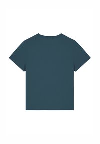 Teal T-shirt met korte mouwen en een ronde halslijn, gemaakt van een gladde, zachte stof. Geen zichtbare graphics of patronen, achterkant is weergegeven.