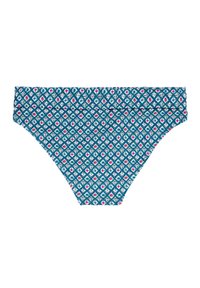 Bikiny s akvamarínovou základní barvou, zdobené diamantovým vzorem v bílé, růžové a námořnické modři. Elastický pas a měkká, texturovaná látka.