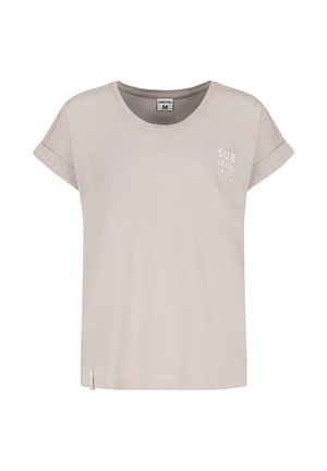 Helles graues T-Shirt aus weichem Material, mit rundem Ausschnitt, umgeschlagenen kurzen Ärmeln und einem Frontdruck mit der Aufschrift "SUB LEVEL".
