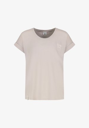 Helles graues T-Shirt aus weichem Material, mit rundem Ausschnitt, umgeschlagenen kurzen Ärmeln und einem Frontdruck mit der Aufschrift "SUB LEVEL".