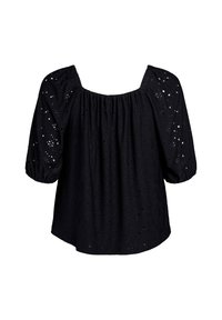 Blusa nera con scollatura quadrata, maniche a sbuffo e dettagli in pizzo ricamato. Tessuto morbido e testurizzato con vestibilità ampia.