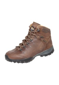 Braune Leder-Wanderstiefel mit gepolstertem Knöchel, Gore-Tex-Label, Metallösen und robustem schwarzem Gummisohle, schräg dargestellt, um die Außenseite zu zeigen.