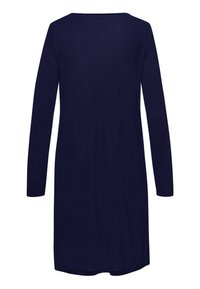 Abito blu navy a maniche lunghe realizzato in tessuto morbido, con scollo rotondo e taglio dritto. Tessuto liscio senza motivi visibili.