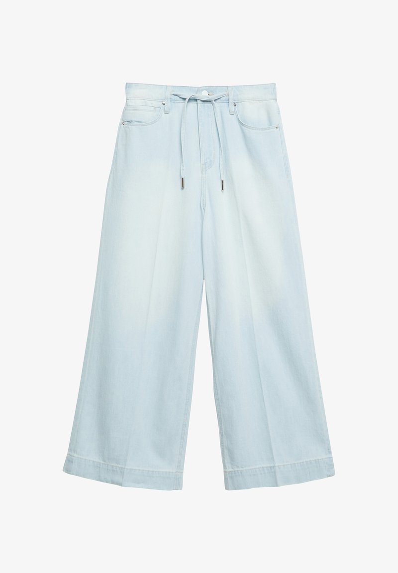 Jean cropped bleu clair à jambes larges avec poches devant et taille à cordon, présenté sur fond blanc.