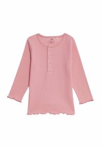 Rosa Langarmshirt aus geripptem Stoff mit runder Ausschnitt, drei Knöpfen an der Vorderseite und gewellten Säumen.