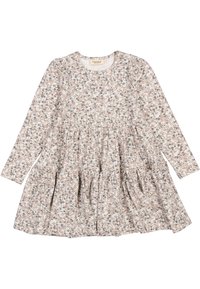 Šaty s dlhým rukávom s jemným kvetinovým vzorom v ružovej, béžovej a modrej farbe. Vyrobené z mäkkej látky s nariasenou sukňou a okrúhlym výstrihom.