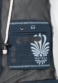 Navy blue water-resistant jacket featuring a mesh texture, adjustable drawstring, and printed graphics, including a logo and care instructions.