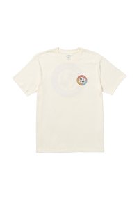 Light beige cotton t-shirt with a round logo featuring colors orange, blue, and black. Short sleeves, crew neck, standard fit.