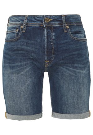 Shorts en denim bleu foncé au cut classique, avec des ourlets repliés, un design à cinq poches et des détails de couture contrastés.