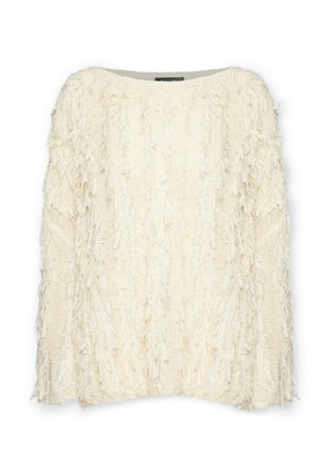 Maglione a maglia grossa color crema con dettagli in frange testurizzate e ampio scollo rotondo, mostrato disteso su uno sfondo bianco.