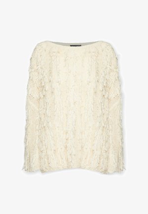 Maglione a maglia grossa color crema con dettagli in frange testurizzate e ampio scollo rotondo, mostrato disteso su uno sfondo bianco.