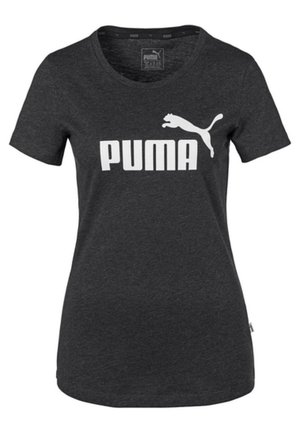 Ciemnoszara koszulka z krótkim rękawem z białym logo Puma i grafiką skaczącego pumy na środku klatki piersiowej.