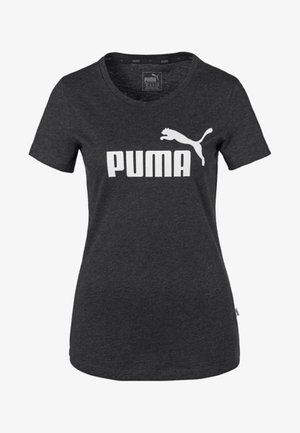 Ciemnoszara koszulka z krótkim rękawem z białym logo Puma i grafiką skaczącego pumy na środku klatki piersiowej.