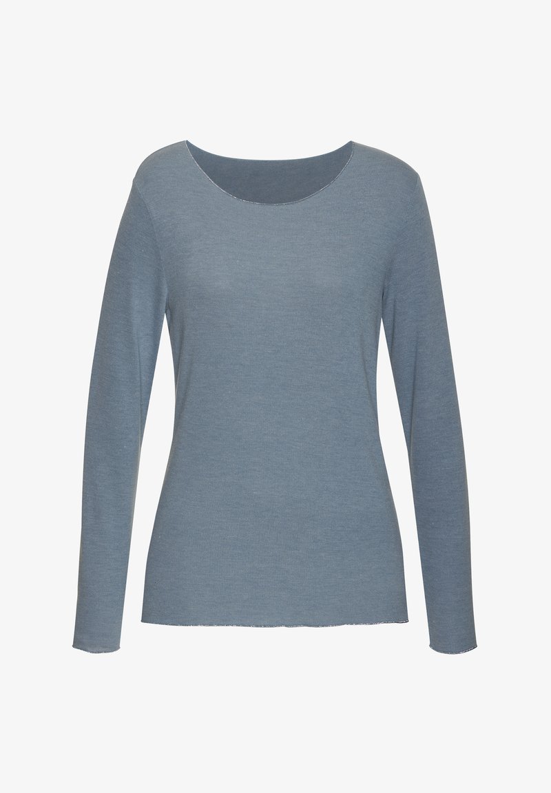 Blaues Langarmhemd aus geripptem Stoff mit Rundhalsausschnitt und unversäubertem Saum. Weicher Griff, lässige Passform.