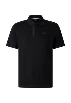 Black short-sleeve polo shirt with three buttons and subtle Fire + Ice logo on left chest.