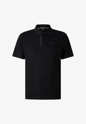 Black short-sleeve polo shirt with three buttons and subtle Fire + Ice logo on left chest.