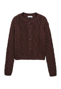Cardigan marron tricoté avec un motif torsadé, doté d'un col rond, de poignets et d'un ourlet côtelés, et de cinq boutons sur le devant.
