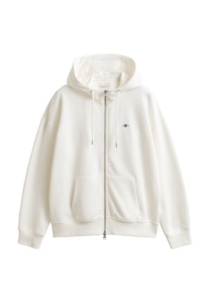 Biela mikina na zips s kapucňou, šnúrkami, klokankovými vreckami a malým vyšitým logom na ľavej strane hrudníka.