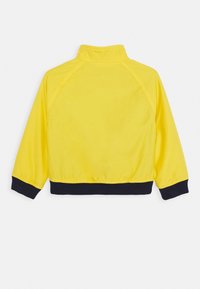 Žlutá mikina s vysokým límcem, raglánovými rukávy a námořnickými ribovými detaily na manžetách a lemu. Měkká textura, uvolněný střih.