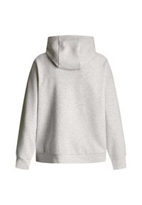 Sudadera gris con una capucha amplia, mangas largas y un corte holgado. Textura suave con puños y dobladillo de canalé, presentando un diseño minimalista.