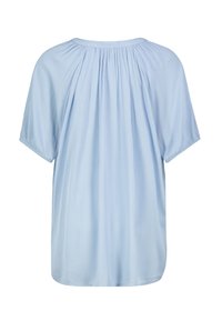 Himmelbluse mit kurzen Ärmeln, Rundhalsausschnitt und Raffungen im Rücken, aus einem weichen, strukturierten Stoff.