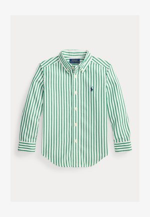 Zeleno-bela srajca z dolgimi rokavi na trakove, gumbi in ovratnikom s koničastim vratom ter majhnim vezenim logotipom na levi prsni strani.