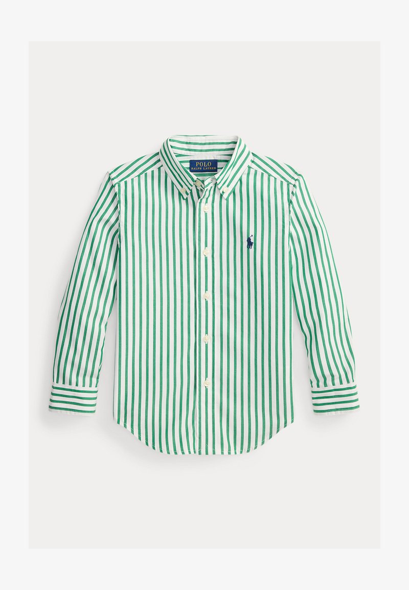 Žalios ir baltos dryžuotos ilgomis rankovėmis mygtukais užsegama marškiniai su aštriu apykakliu ir mažu siuvinėtu logotipu kairėje krūtinės pusėje.