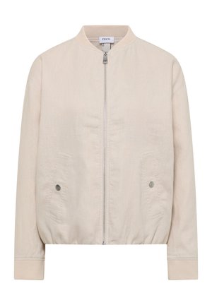 Beige Bomberjacke mit Frontreißverschluss, gerippten Bündchen und Kragen, zwei Druckknopftaschen und elastischem Taillenbund.
