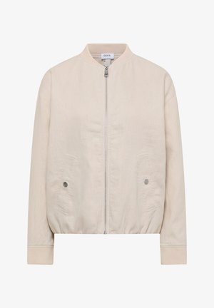 Beige Bomberjacke mit Frontreißverschluss, gerippten Bündchen und Kragen, zwei Druckknopftaschen und elastischem Taillenbund.