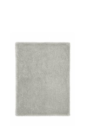 Soft light gray rectangular shaggy area rug with dense, plush fibers and a uniform texture on a white background.