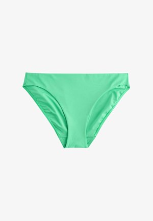 Bas de bikini vert pour femme, avec un design simple et lisse et une coupe taille moyenne, sur un fond blanc.