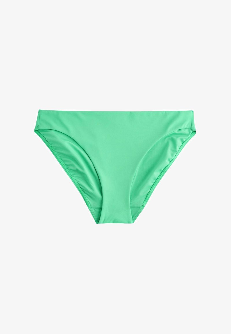 Bas de bikini vert pour femme, avec un design simple et lisse et une coupe taille moyenne, sur un fond blanc.