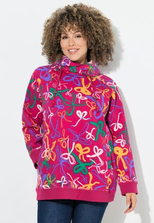 Felpa con cappuccio in pile di colore rosa, con un motivo a fiocchi multicolore con accenti in verde, giallo e bianco; polsini e orlo a coste.
