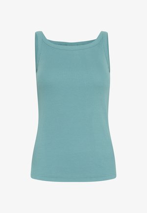 Ribbad linne i ljusblått, med fyrkantig halsringning och breda axelremmar, tillverkat av mjukt, stretchigt tyg, åtsittande silhuett.