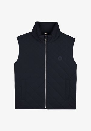 Gilet matelassé sans manches bleu marine foncé avec fermeture éclair zippée à l'avant, col montant, poches latérales, et petit logo circulaire sur la poitrine.
