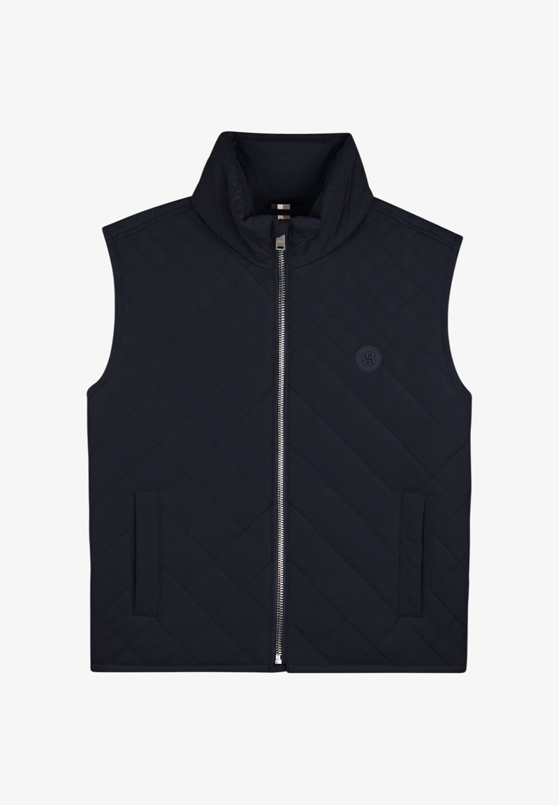 Gilet matelassé sans manches bleu marine foncé avec fermeture éclair zippée à l'avant, col montant, poches latérales, et petit logo circulaire sur la poitrine.