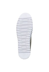 Witte rubberen zool met tekstuur voor grip, met horizontale en verticale ribbels. Olijfgroene gebreide bovenkant met logo en maatlabel.