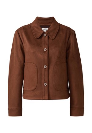 Braune Kunstwildlederjacke mit Kragen, vorderem Knopfverschluss und zwei großen Seitentaschen. Besitzt ein tailliertes Design und umgeschlagene Ärmel.