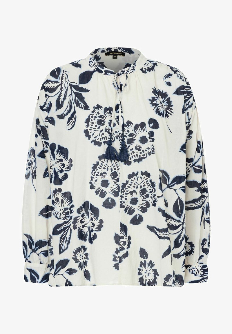 Bluse mit floralem Design auf weißem Hintergrund, blauen Blumenmustern, Rundhalsausschnitt und einer Bindeschließe mit Quasten an der Vorderseite.
