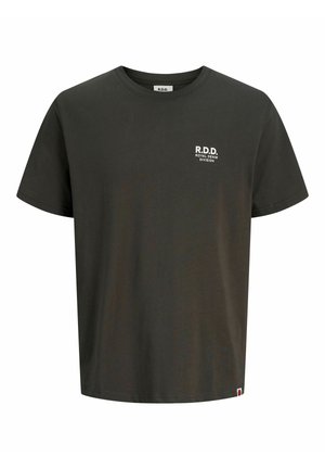 T-shirt noir à manches courtes avec un petit texte blanc "R.D.D. Royal Denim Division" sur le côté gauche de la poitrine et une étiquette en bas de l’ourlet.