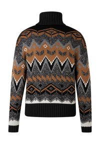 Coltrui met geometrische zigzag- en diamantpatronen in zwart, bruin, grijs en wit, met ribgebreide mouwen en onderrand.