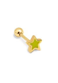 Piercing de ombligo en tono dorado con diseño de estrella; cuenta con un incrustado verde lima brillante y un cierre de bola redonda.