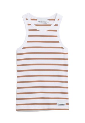 Débardeur rayé avec des rayures horizontales marron et blanches, en tissu côtelé ; présente une encolure ronde et une étiquette à l'ourlet.