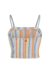 Gestreept cropped top met smocktextuur, in pastelkleuren van oranje, blauw en groen. Verstelbare spaghettibandjes en een vierkante halslijn.